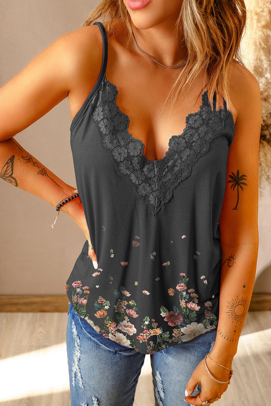 Floral Lace Trim Scalloped Plunge Cami Print on any thing USA/STOD clothes