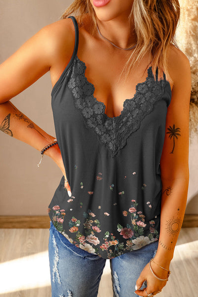 Floral Lace Trim Scalloped Plunge Cami Print on any thing USA/STOD clothes