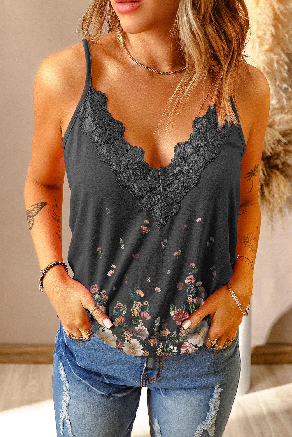 Floral Lace Trim Scalloped Plunge Cami Print on any thing USA/STOD clothes