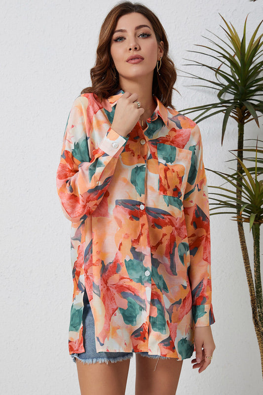 Floral Long Sleeve Slit Longline Shirt Print on any thing USA/STOD clothes