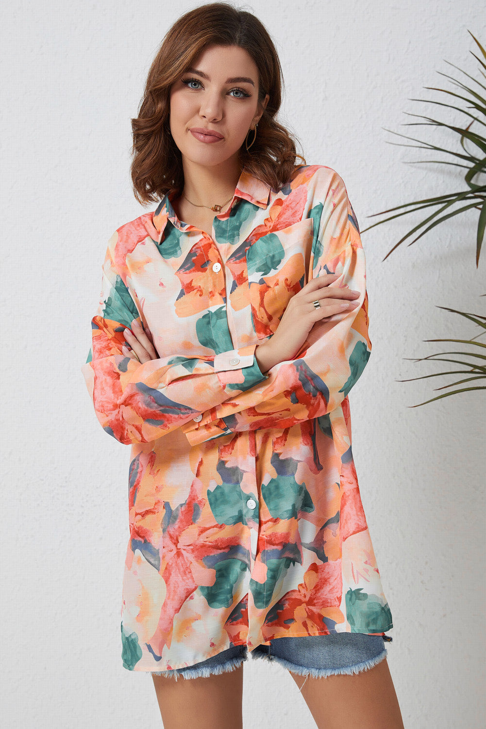 Floral Long Sleeve Slit Longline Shirt Print on any thing USA/STOD clothes