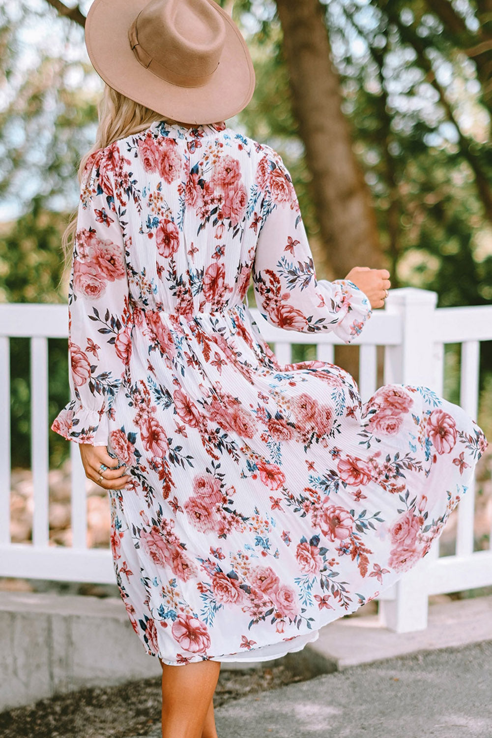Floral Mock Neck Flounce Sleeve Midi Dress Print on any thing USA/STOD clothes