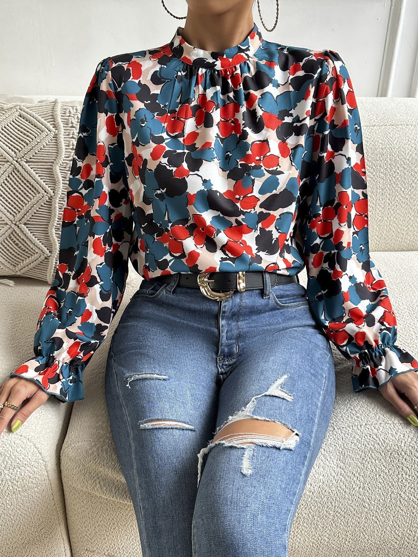 Floral Mock Neck Long Flounce Sleeve Blouse Print on any thing USA/STOD clothes