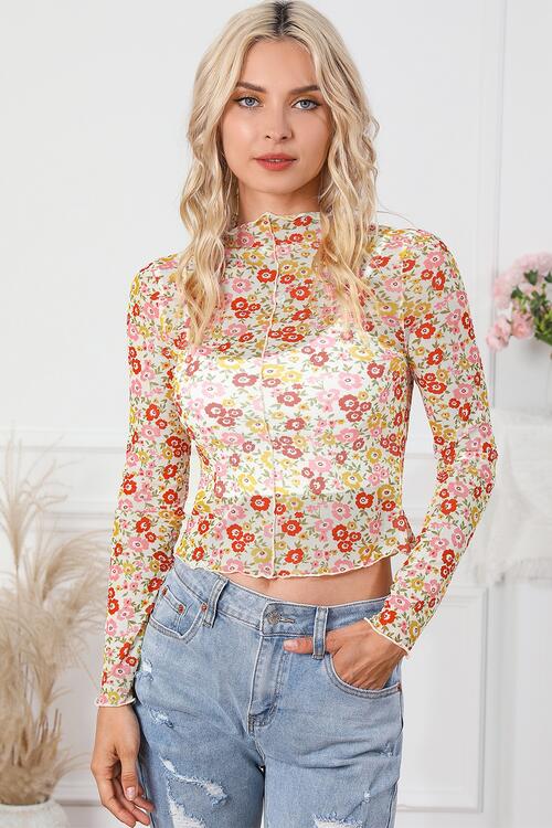 Floral Mock Neck Long Sleeve Blouse Print on any thing USA/STOD clothes