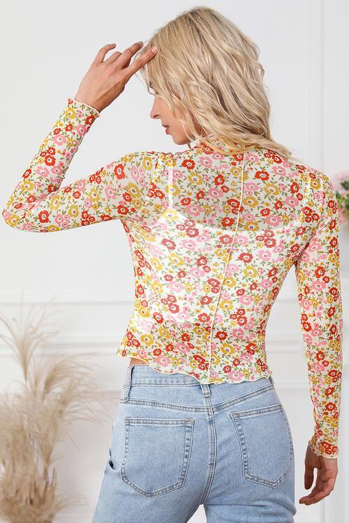 Floral Mock Neck Long Sleeve Blouse Print on any thing USA/STOD clothes