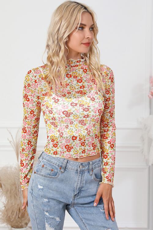 Floral Mock Neck Long Sleeve Blouse Print on any thing USA/STOD clothes