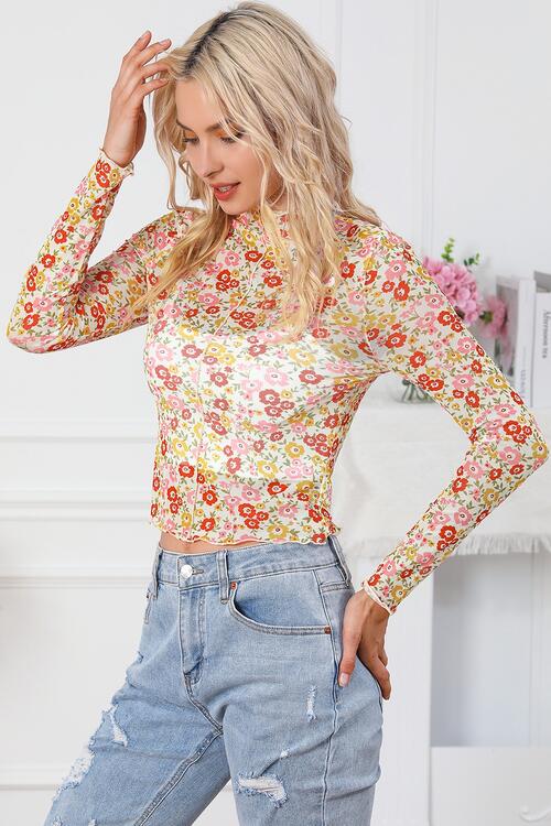 Floral Mock Neck Long Sleeve Blouse Print on any thing USA/STOD clothes