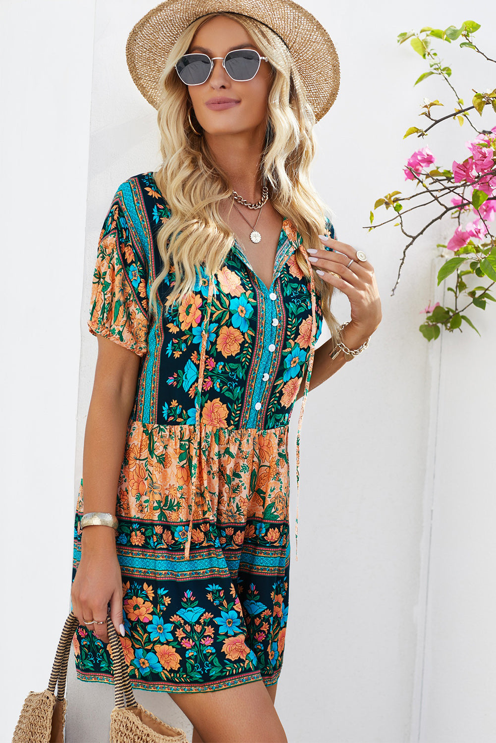Floral Multicolored Tie-Neck Romper Print on any thing USA/STOD clothes