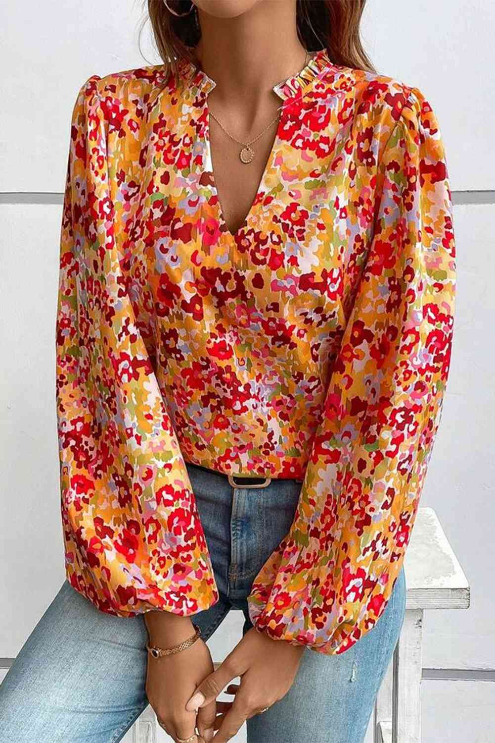 Floral Notched Balloon Sleeve Blouse Print on any thing USA/STOD clothes