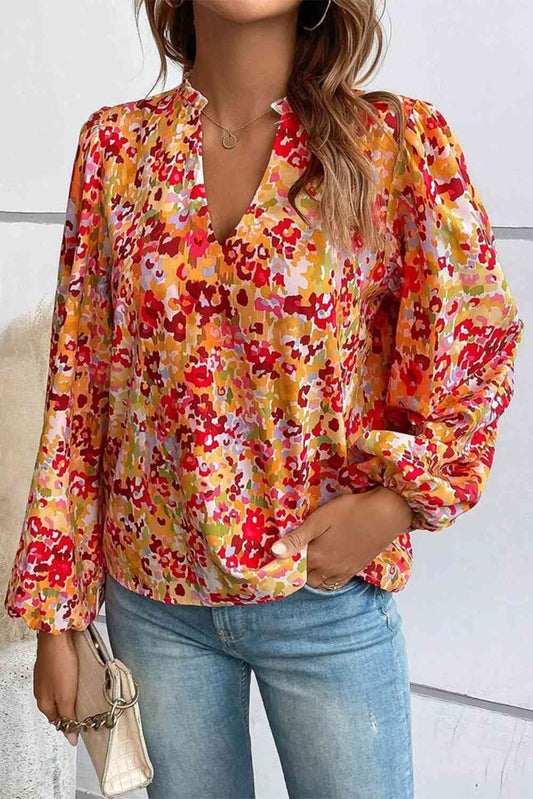 Floral Notched Balloon Sleeve Blouse Print on any thing USA/STOD clothes