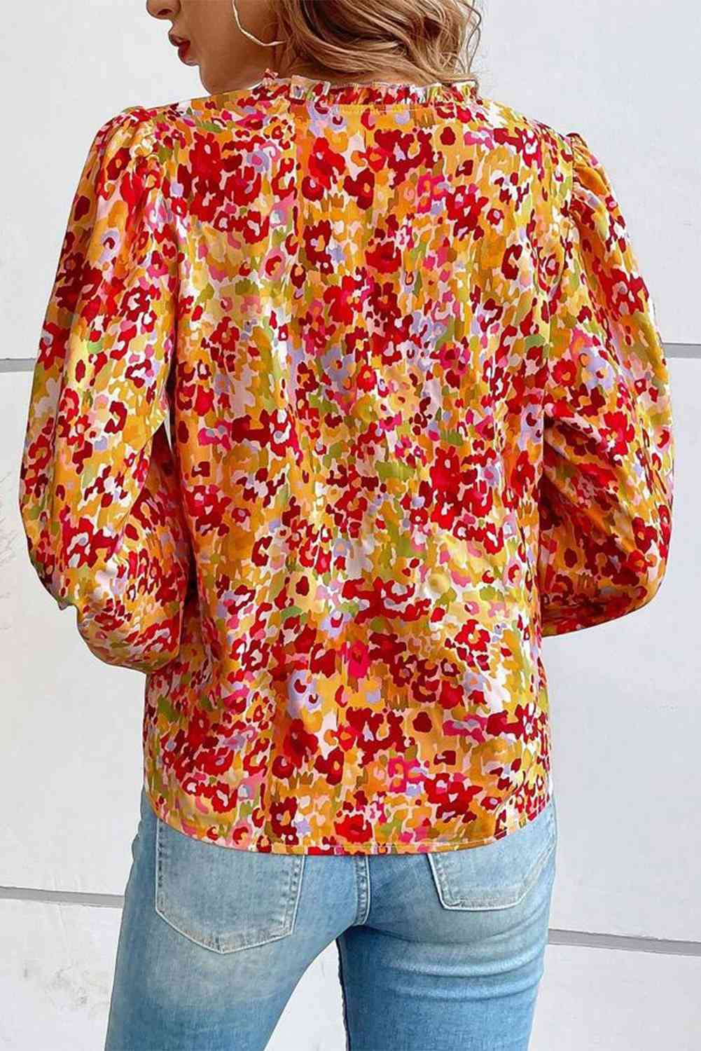 Floral Notched Balloon Sleeve Blouse Print on any thing USA/STOD clothes