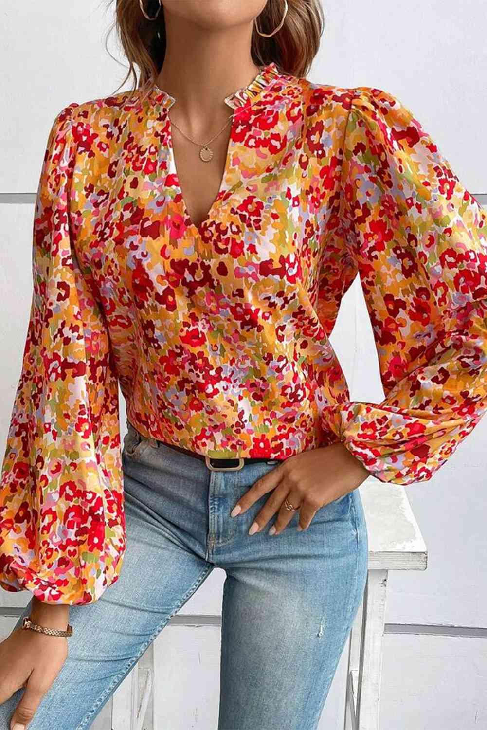 Floral Notched Balloon Sleeve Blouse Print on any thing USA/STOD clothes