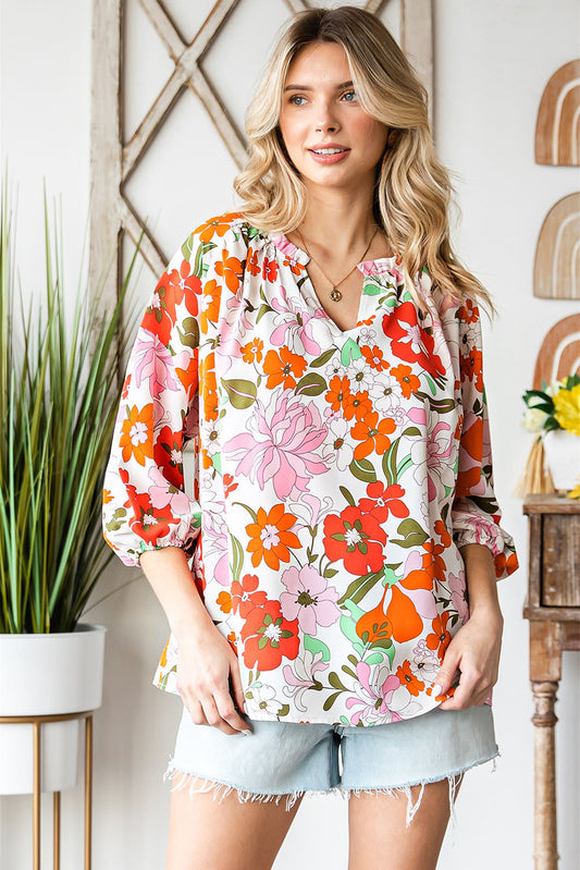 Floral Notched Neck Balloon Sleeve Blouse Print on any thing USA/STOD clothes