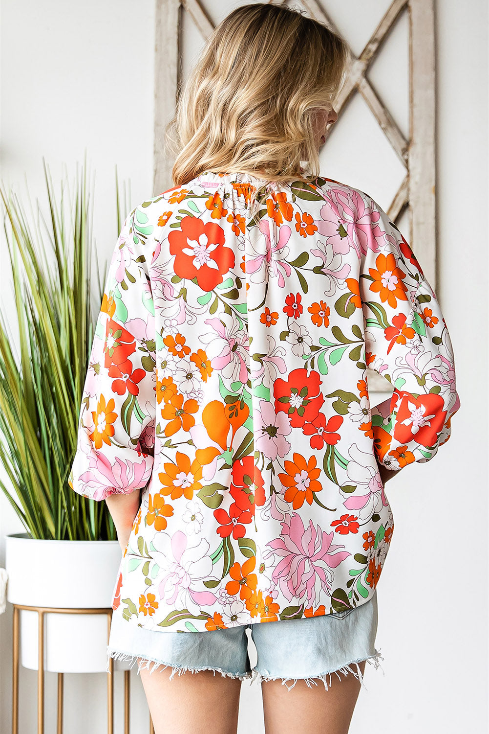 Floral Notched Neck Balloon Sleeve Blouse Print on any thing USA/STOD clothes