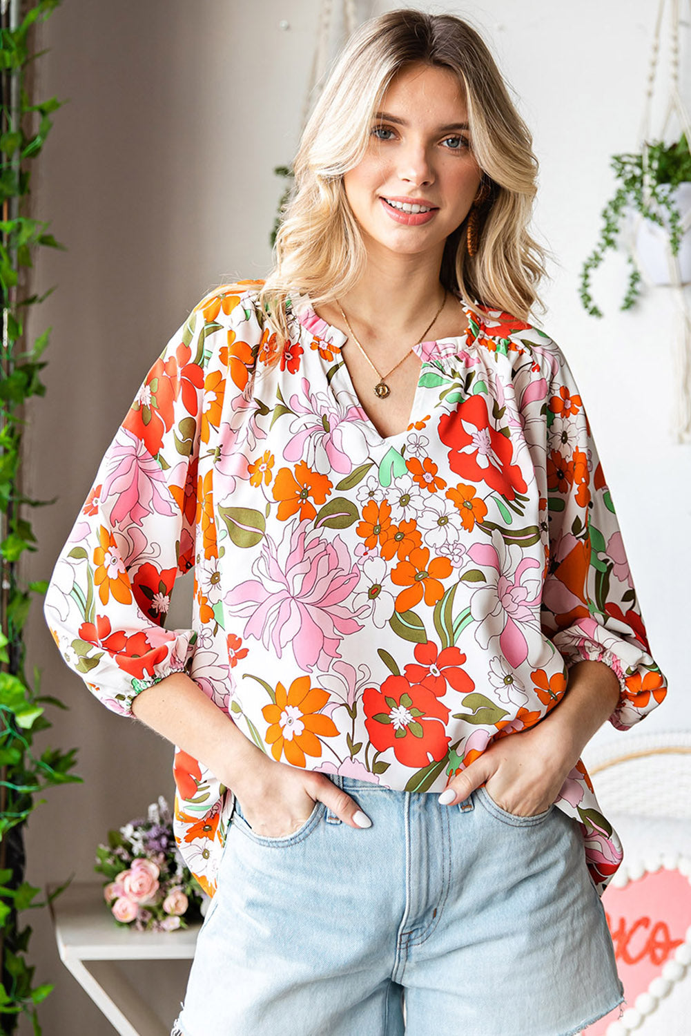 Floral Notched Neck Balloon Sleeve Blouse Print on any thing USA/STOD clothes