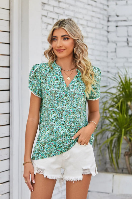 Floral Notched Neck Blouse Print on any thing USA/STOD clothes