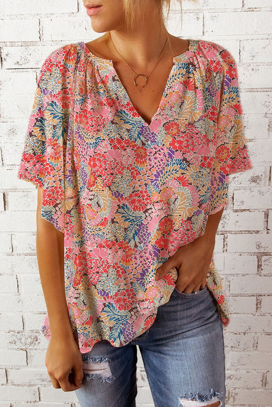 Floral Notched Neck Flutter Sleeve Blouse Print on any thing USA/STOD clothes