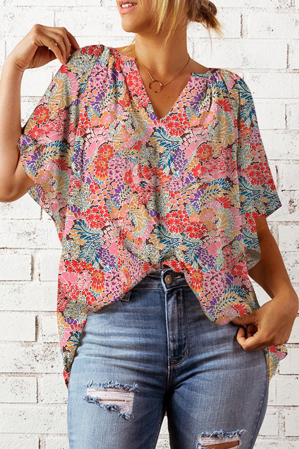 Floral Notched Neck Flutter Sleeve Blouse Print on any thing USA/STOD clothes