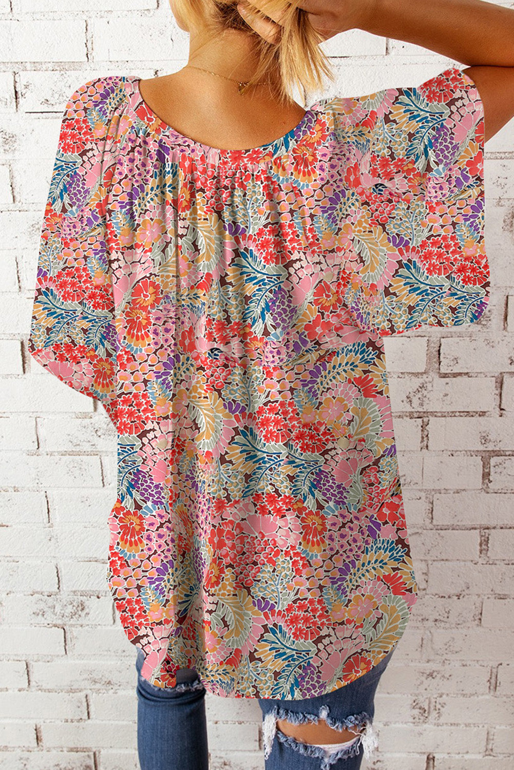 Floral Notched Neck Flutter Sleeve Blouse Print on any thing USA/STOD clothes