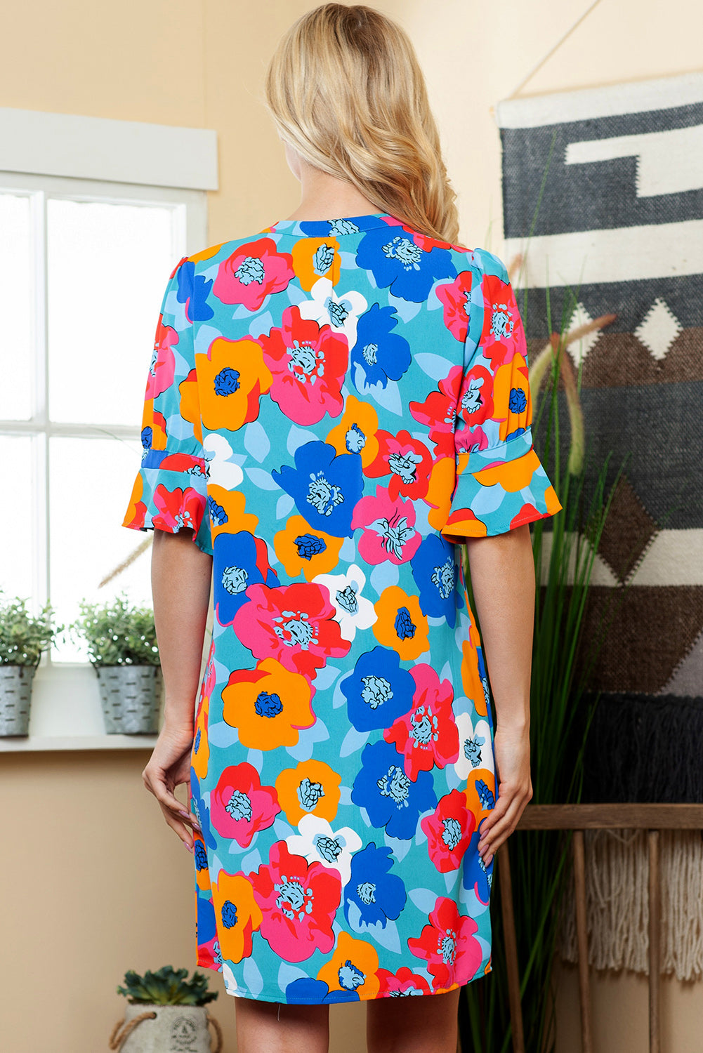 Floral Notched Neck Half Sleeve Dress Print on any thing USA/STOD clothes