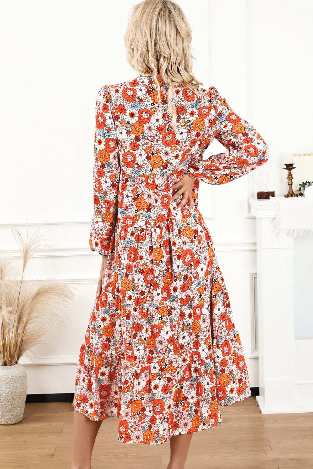 Floral Notched Neck Long Sleeve Dress Print on any thing USA/STOD clothes