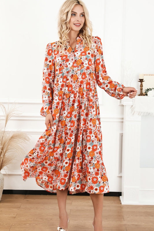 Floral Notched Neck Long Sleeve Dress Print on any thing USA/STOD clothes