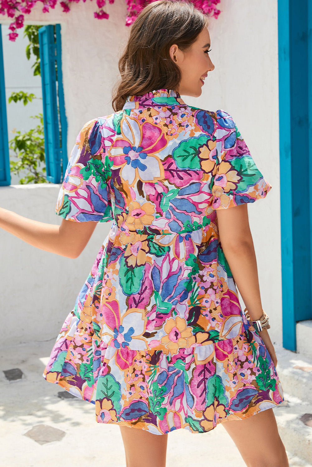 Floral Notched Neck Ruffle Hem Dress Print on any thing USA/STOD clothes