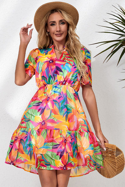 Floral Notched Neck Short Sleeve Dress Print on any thing USA/STOD clothes