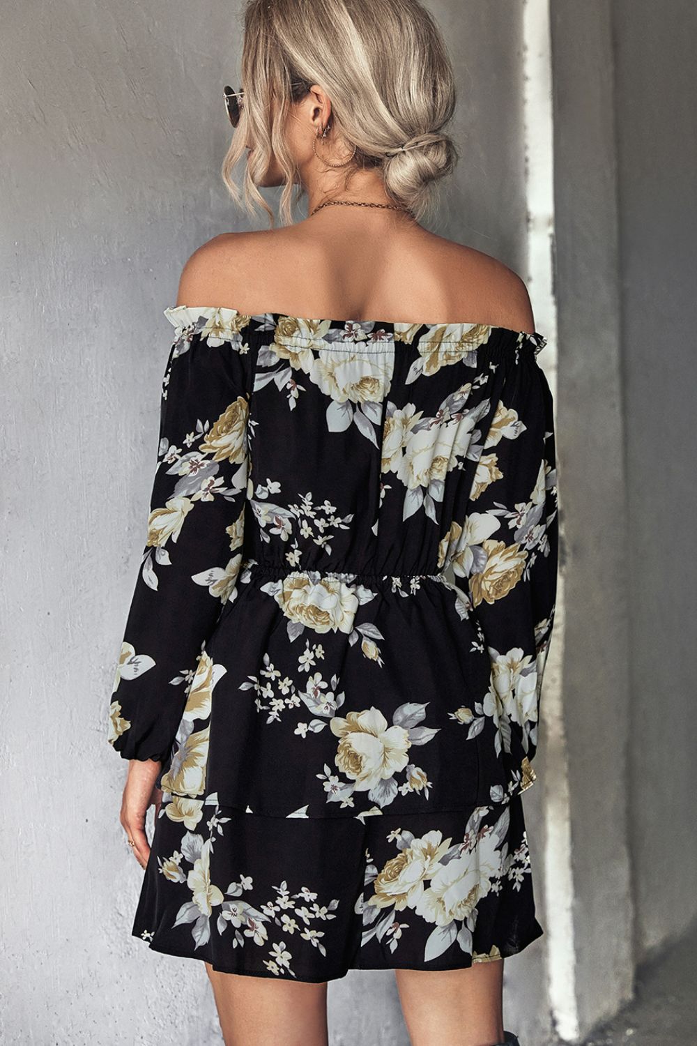 Floral Off-Shoulder Layered Mini Dress Print on any thing USA/STOD clothes