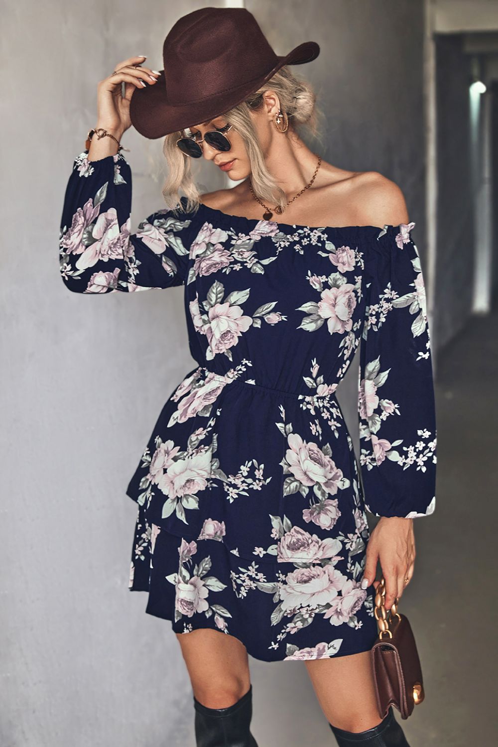 Floral Off-Shoulder Layered Mini Dress Print on any thing USA/STOD clothes