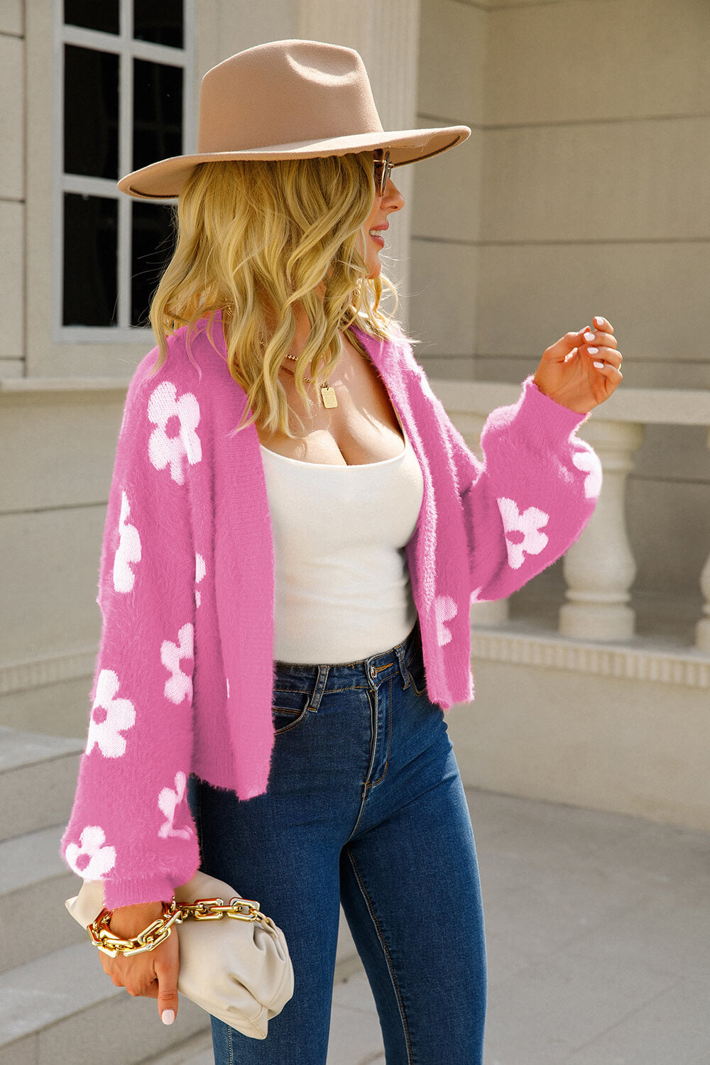 Floral Open Front Fuzzy Cardigan Print on any thing USA/STOD clothes