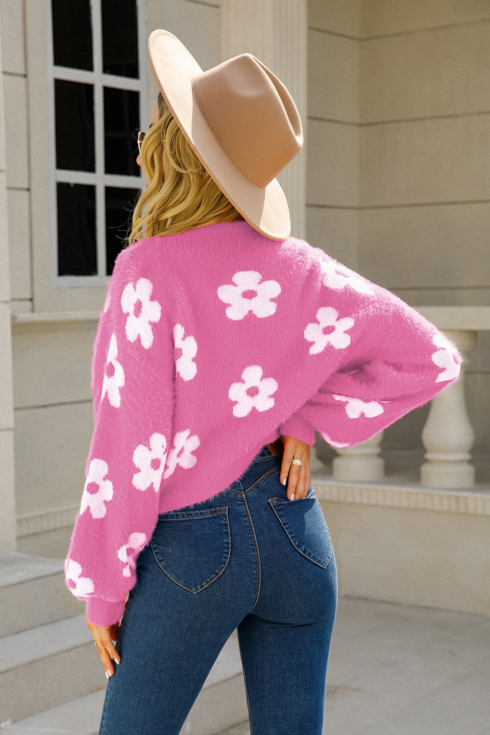 Floral Open Front Fuzzy Cardigan Print on any thing USA/STOD clothes