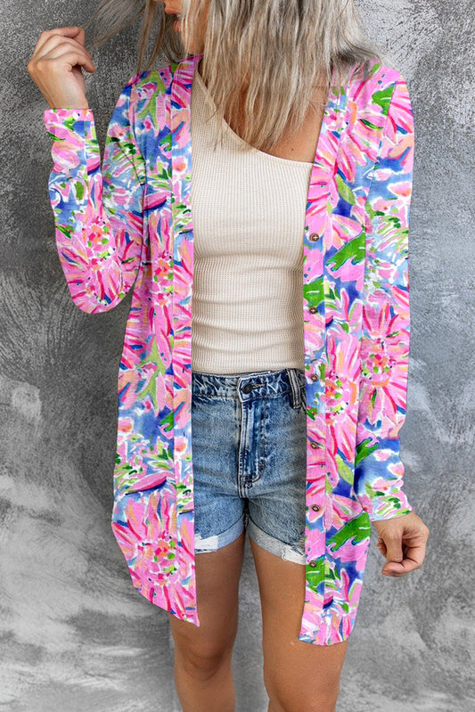 Floral Open Front Long Sleeve Cardigan Print on any thing USA/STOD clothes