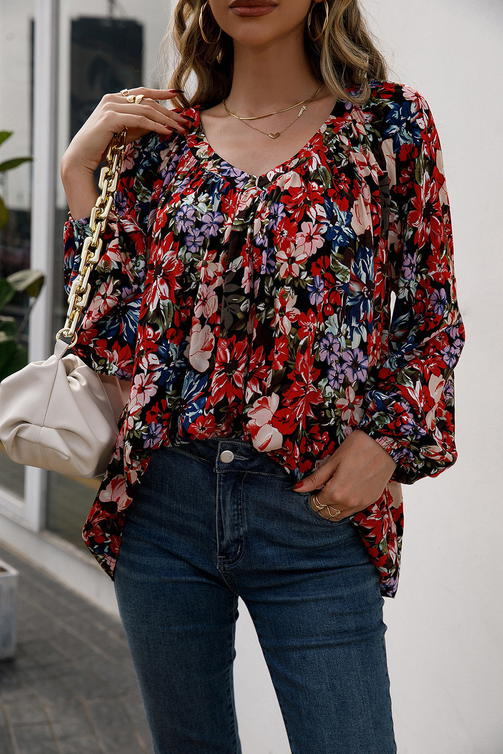 Floral Print Balloon Sleeve Ruched Blouse Print on any thing USA/STOD clothes