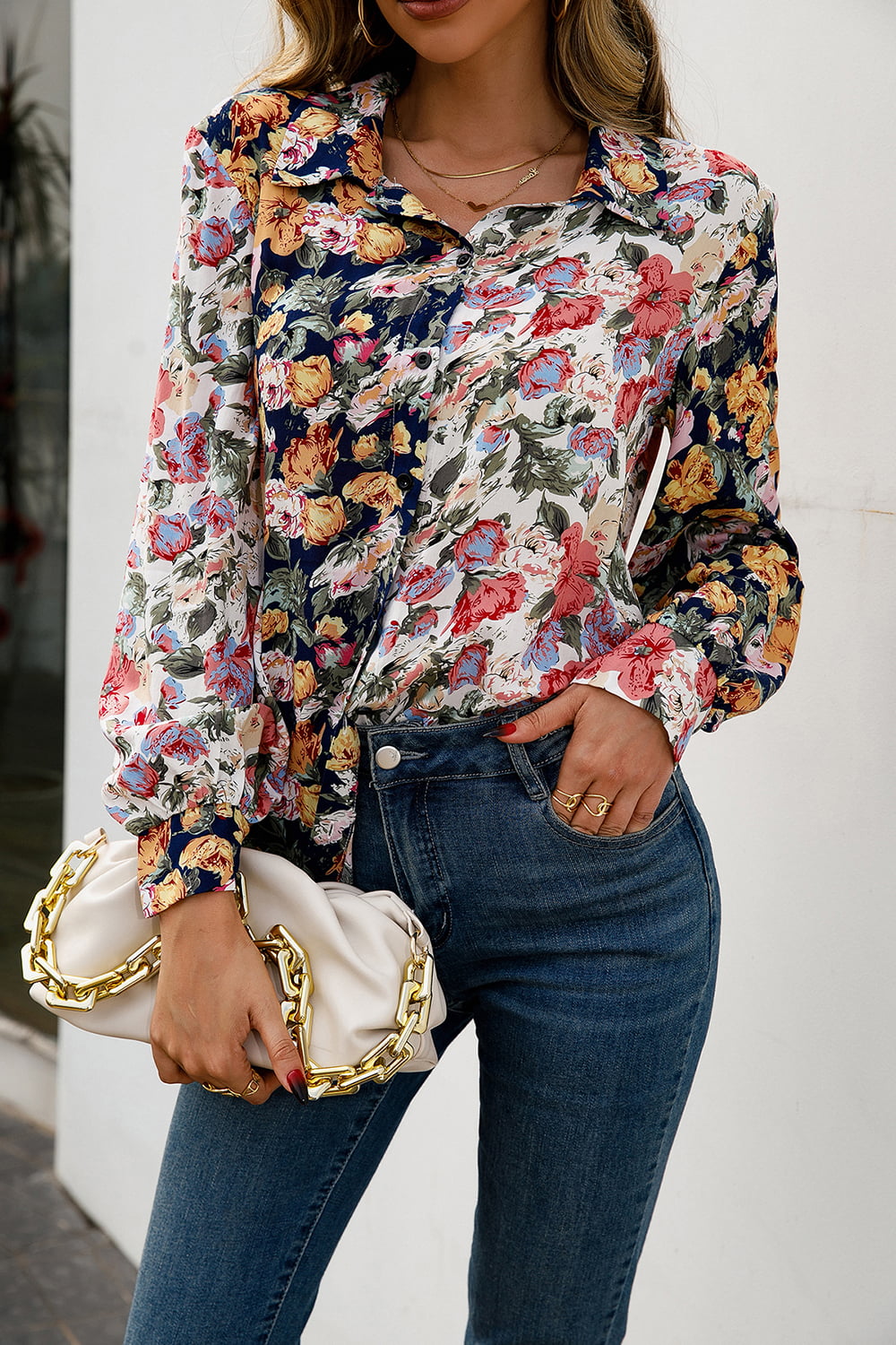 Floral Print Collared Neck Long Sleeve Shirt Print on any thing USA/STOD clothes