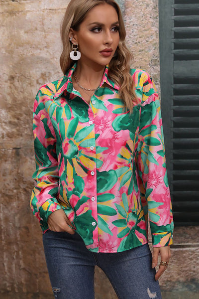 Floral Print Collared Neck Long Sleeve Shirt Print on any thing USA/STOD clothes