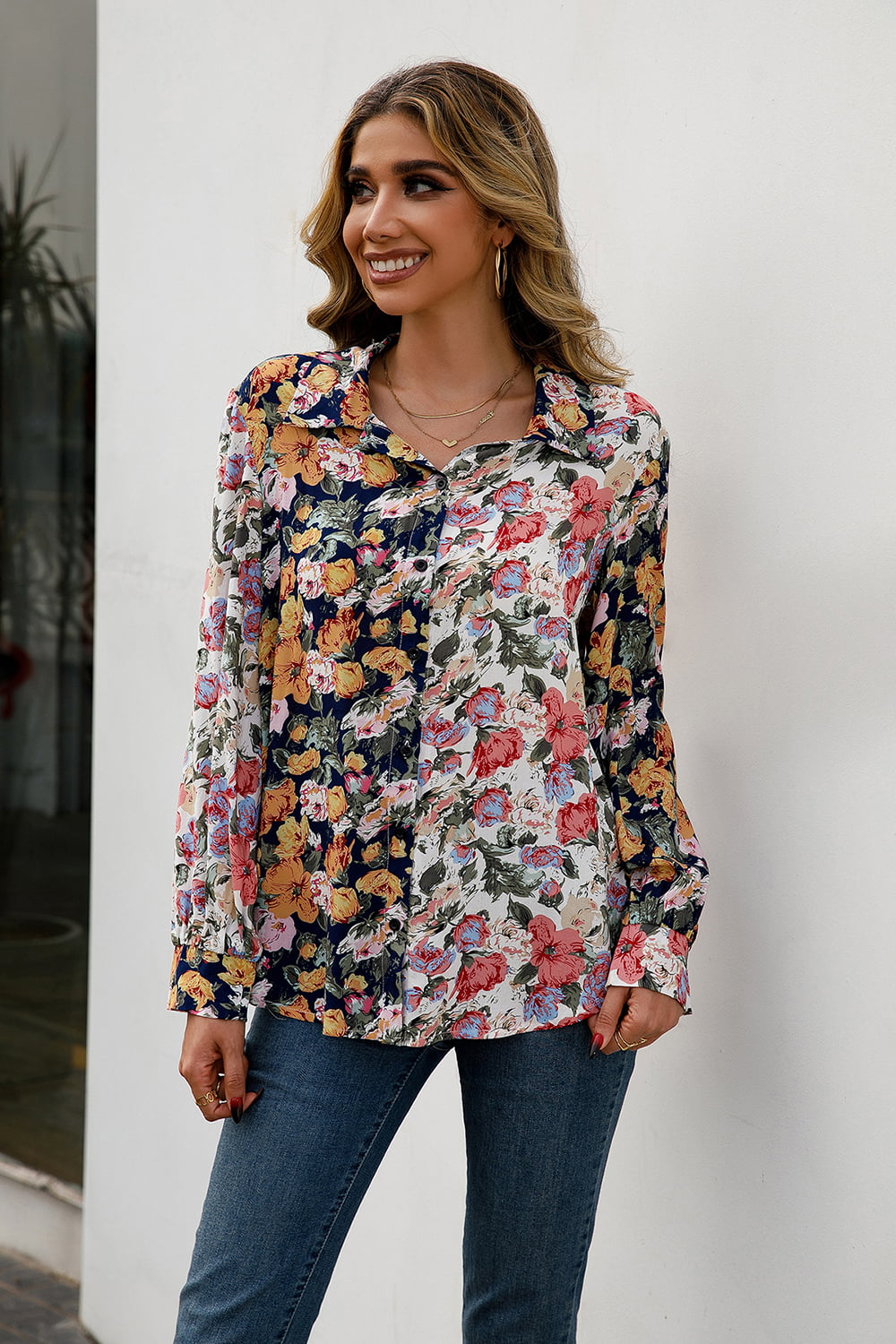 Floral Print Collared Neck Long Sleeve Shirt Print on any thing USA/STOD clothes