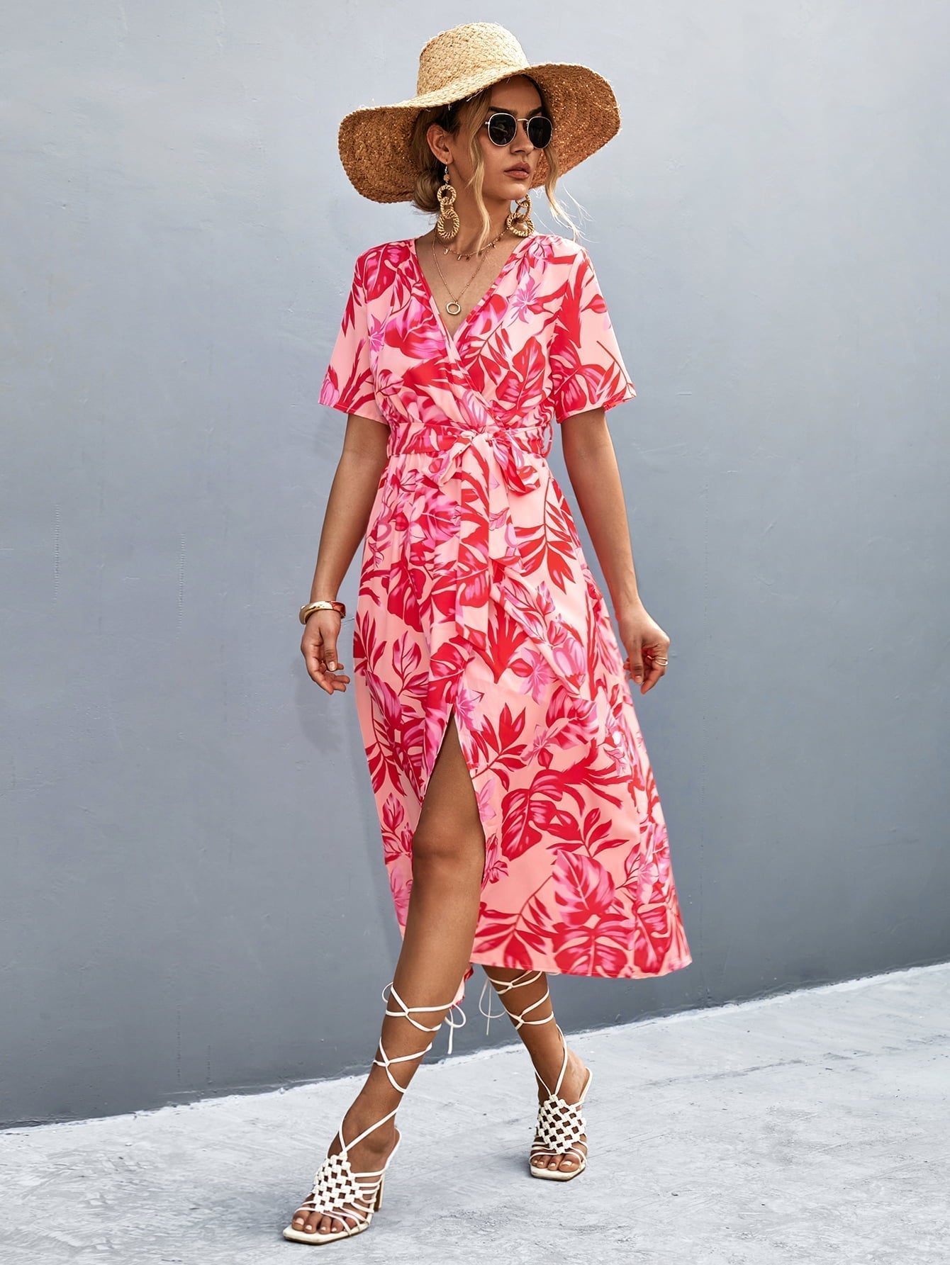 Floral Print High Slit Surplice Neck Tie Waist Midi Dress Print on any thing USA/STOD clothes