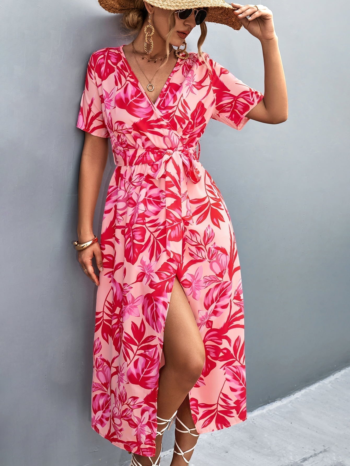 Floral Print High Slit Surplice Neck Tie Waist Midi Dress Print on any thing USA/STOD clothes