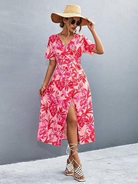 Floral Print High Slit Surplice Neck Tie Waist Midi Dress Print on any thing USA/STOD clothes