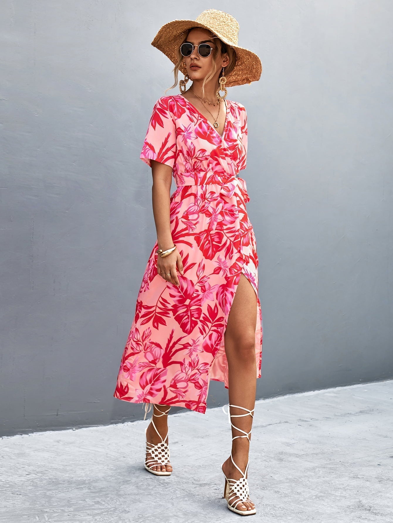 Floral Print High Slit Surplice Neck Tie Waist Midi Dress Print on any thing USA/STOD clothes