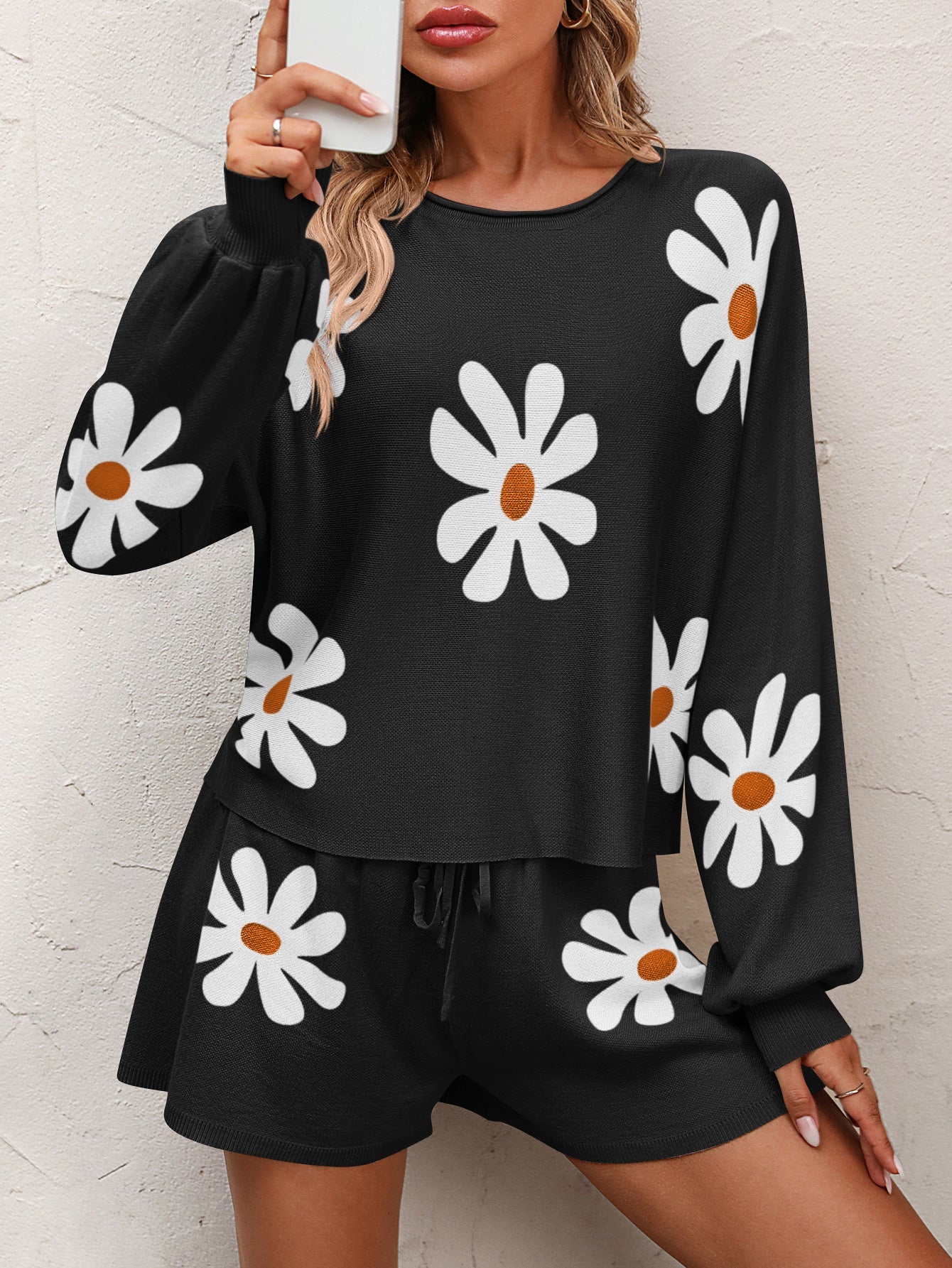Floral Print Raglan Sleeve Knit Top and Tie Front Sweater Shorts Set Print on any thing USA/STOD clothes