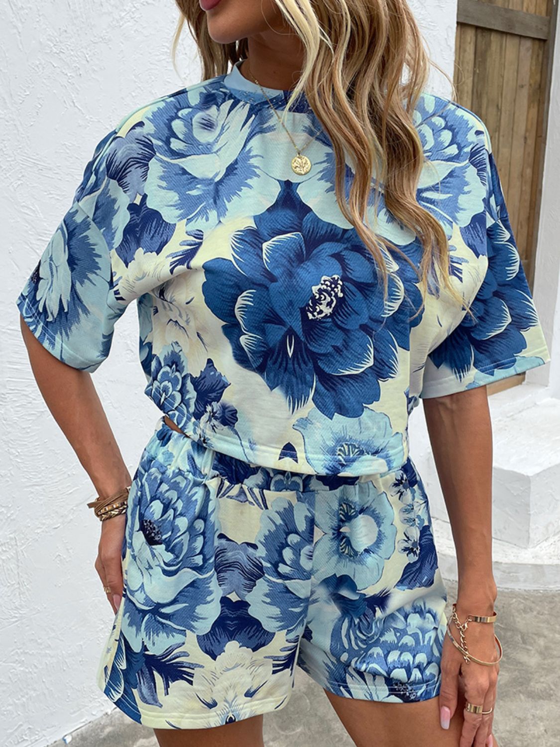 Floral Print Round Neck Dropped Shoulder Half Sleeve Top and Shorts Set Print on any thing USA/STOD clothes
