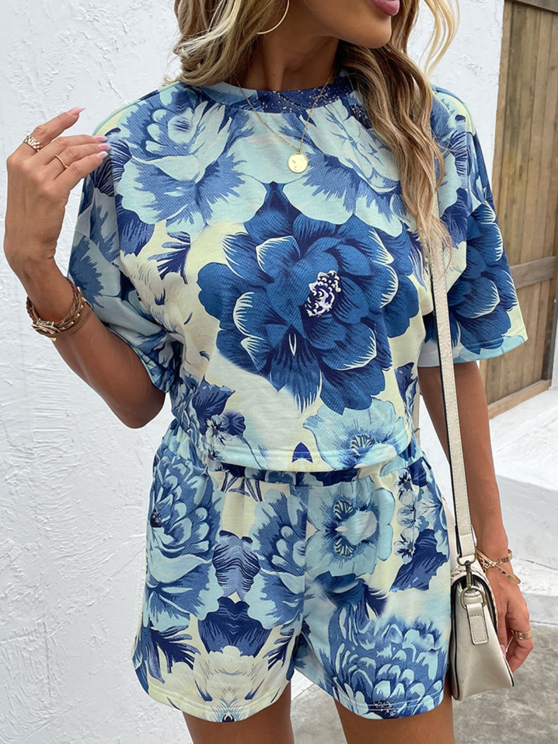 Floral Print Round Neck Dropped Shoulder Half Sleeve Top and Shorts Set Print on any thing USA/STOD clothes