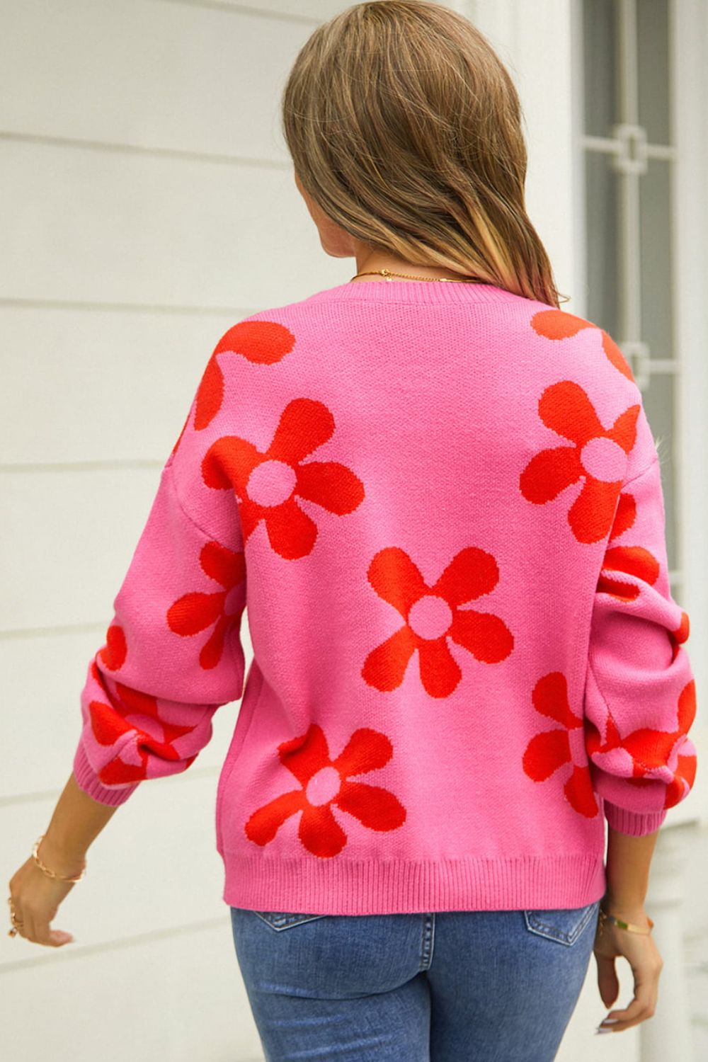 Floral Print Round Neck Dropped Shoulder Pullover Sweater Print on any thing USA/STOD clothes