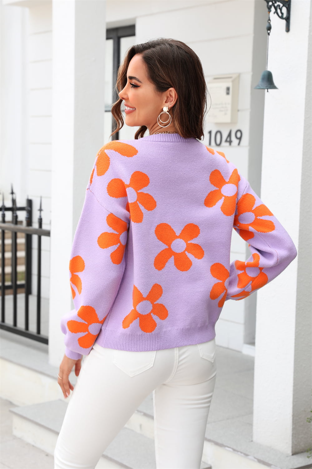 Floral Print Round Neck Dropped Shoulder Pullover Sweater Print on any thing USA/STOD clothes