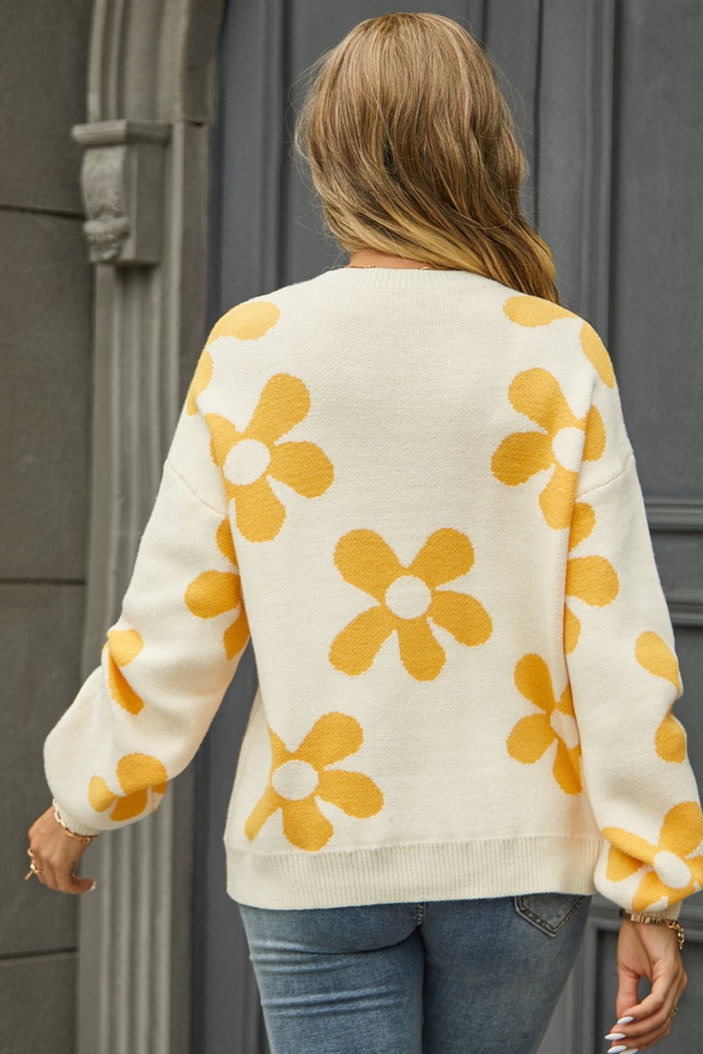 Floral Print Round Neck Dropped Shoulder Pullover Sweater Print on any thing USA/STOD clothes