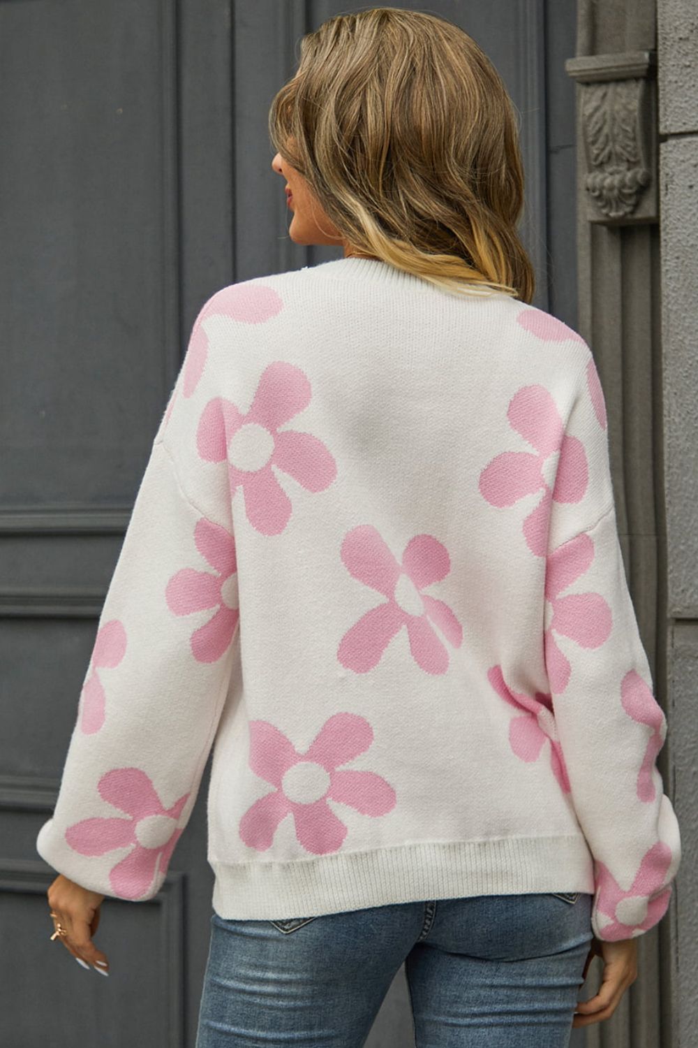 Floral Print Round Neck Dropped Shoulder Pullover Sweater Print on any thing USA/STOD clothes