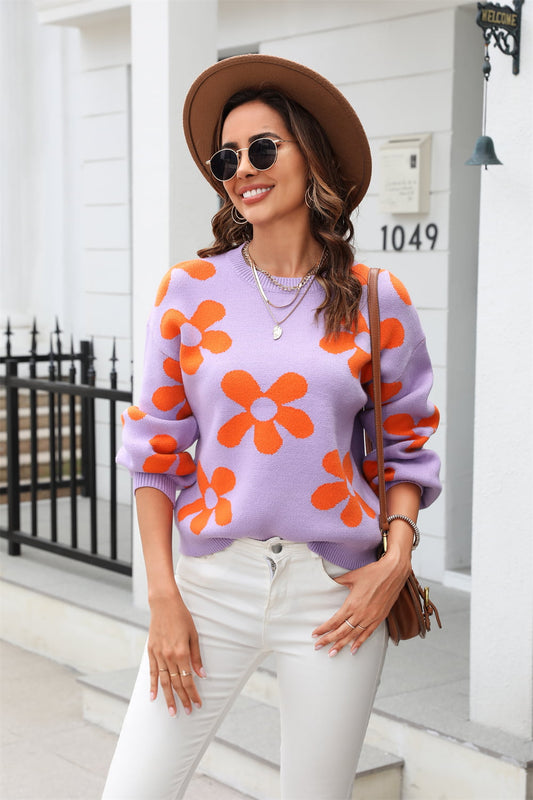 Floral Print Round Neck Dropped Shoulder Pullover Sweater Print on any thing USA/STOD clothes