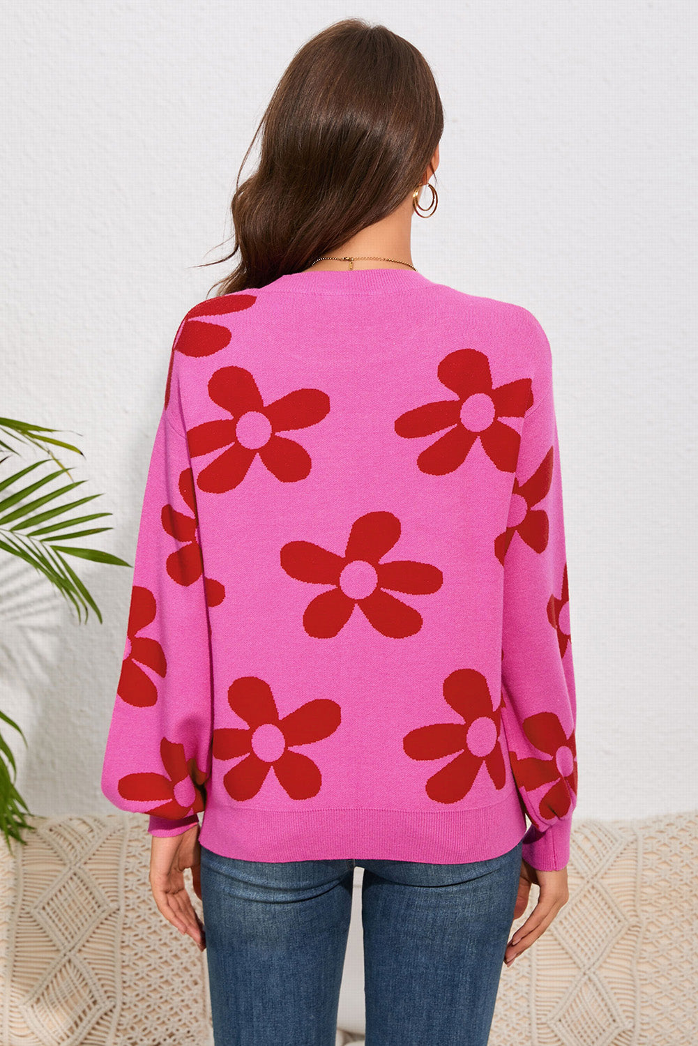 Floral Print Round Neck Dropped Shoulder Sweater Print on any thing USA/STOD clothes